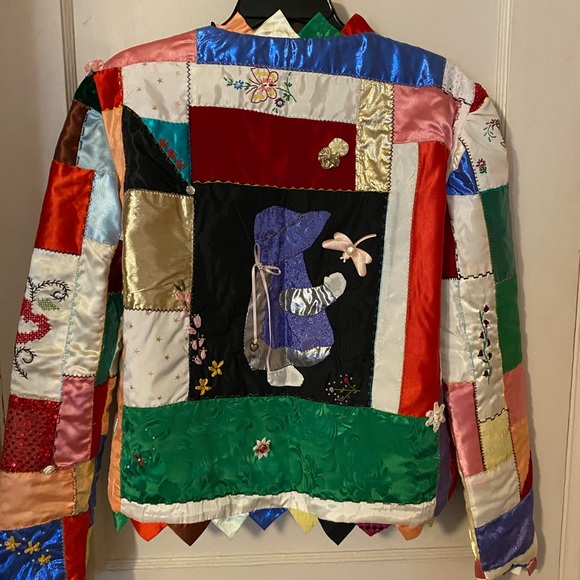 VINTAGE Crazy Quilt Jacket/Coat embroidery cat, ribbons, many textures! 80s - Picture 2 of 16